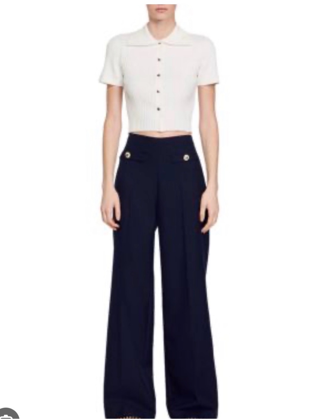 Sandro White Cropped Rib Knit Polo with Navy Wide-Leg Pants